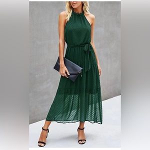 Women's Halter Neck Sleeveless Long Maxi Dress, dark green, backless with belt